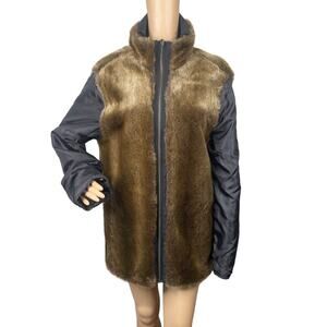 S13 NYC Black Brown Faux Fur Funnel Mock Neck Puff Jacket SZ M